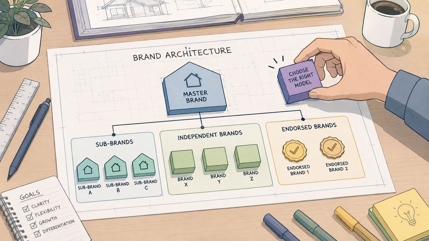 An illustrated diagram of brand architecture showing a master brand above sub-brands, independent brands, and endorsed brands