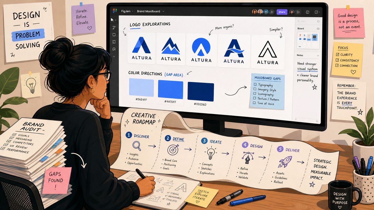 A female designer working on a brand identity project including logo explorations and a creative roadmap.