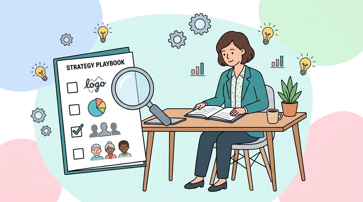 Flat illustration of a marketer at a desk reviewing a brand strategy playbook checklist with a magnifying glass
