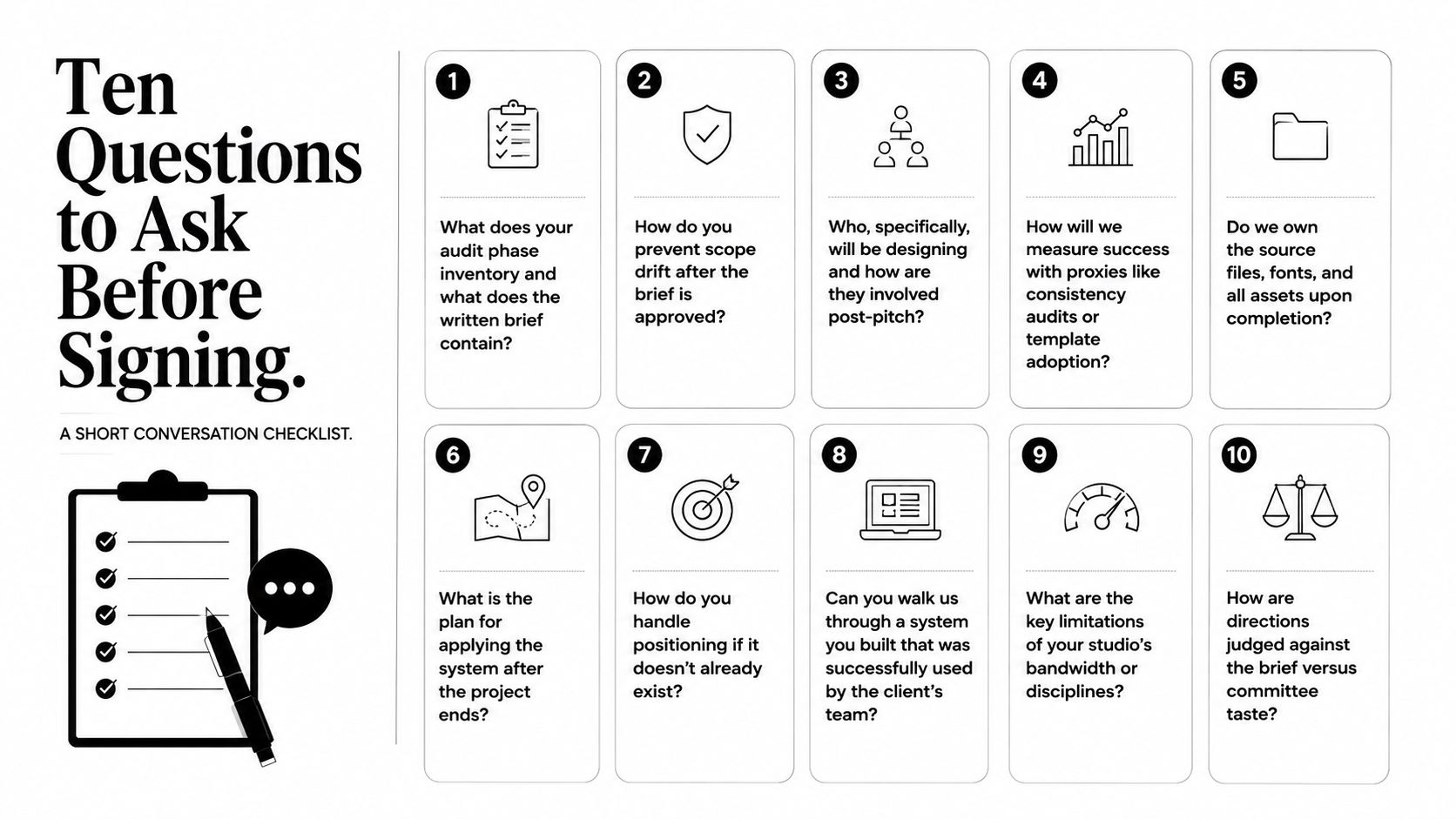 An infographic checklist outlining ten essential questions to ask a design agency before signing a contract.