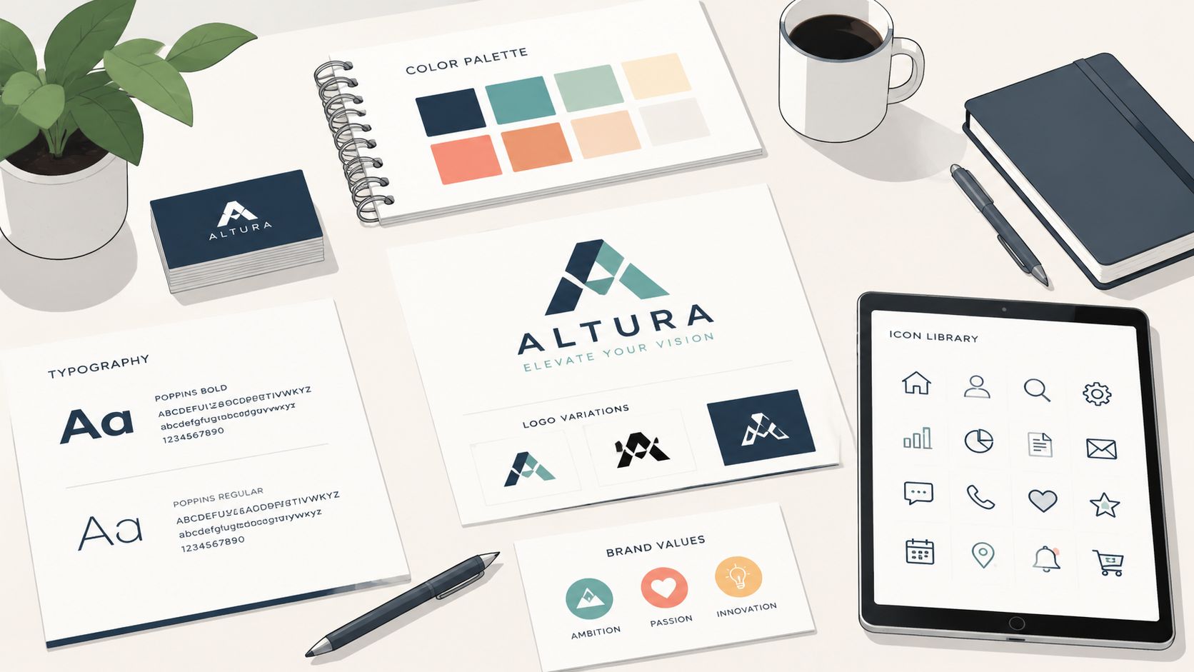 A professional brand identity mockup showing a logo, typography, color palette, icons, and stationery on a desk.