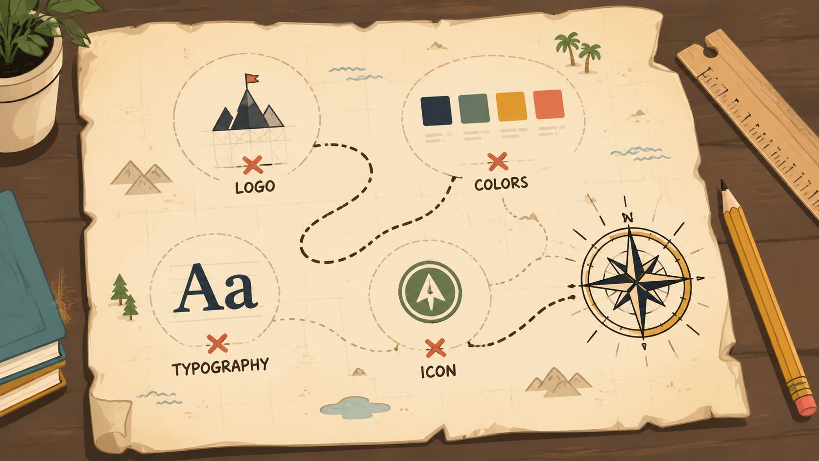 Brand identity system laid out on a desk with a logo, color palette, typography samples, and stationery