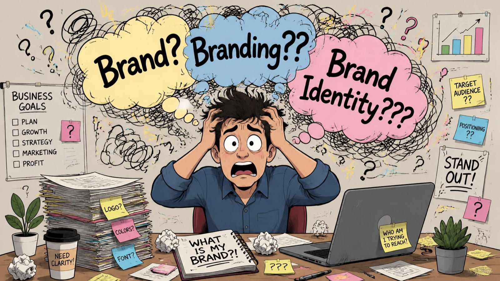 A stressed entrepreneur sitting at a messy desk, overwhelmed by confusion over branding and brand identity concepts.