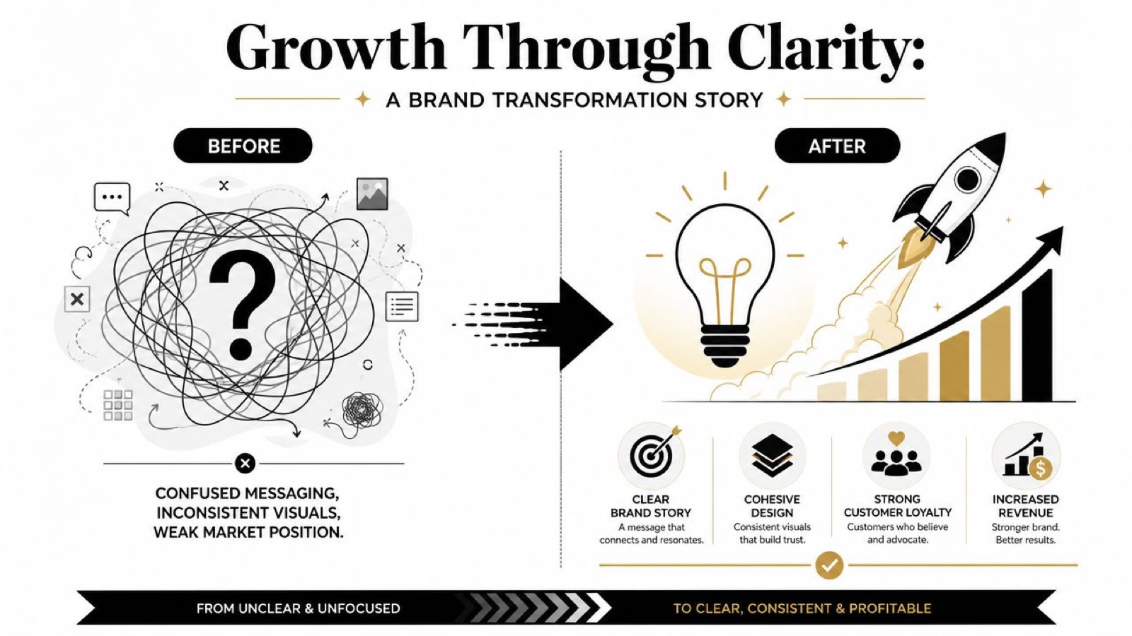 A diagram illustrating brand transformation from confused, weak messaging to a clear, cohesive, and profitable growth strategy.