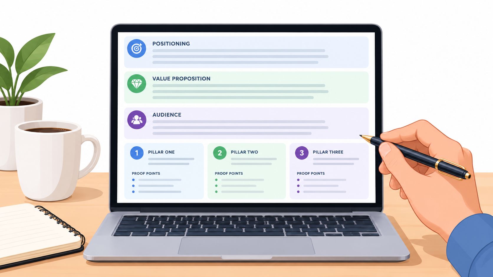 Laptop screen showing a brand messaging framework with positioning, value proposition, audience, and three pillars with proof points