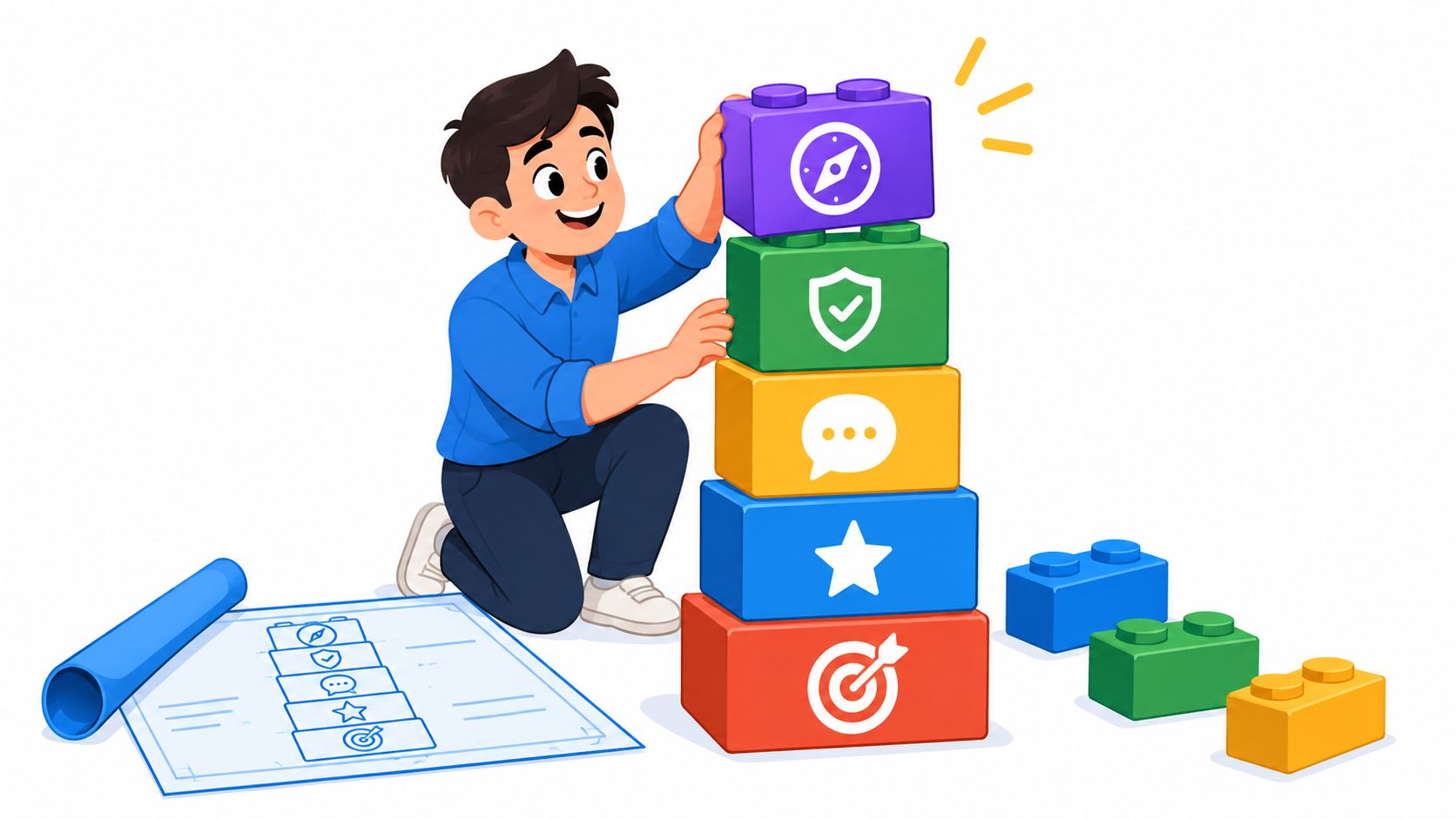 Illustration of a person stacking labeled building blocks according to a framework blueprint