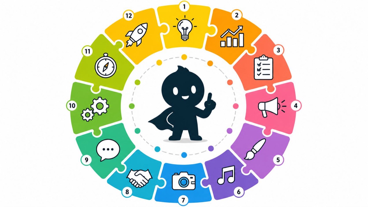 A wheel of twelve brand personality traits arranged around a central figure.
