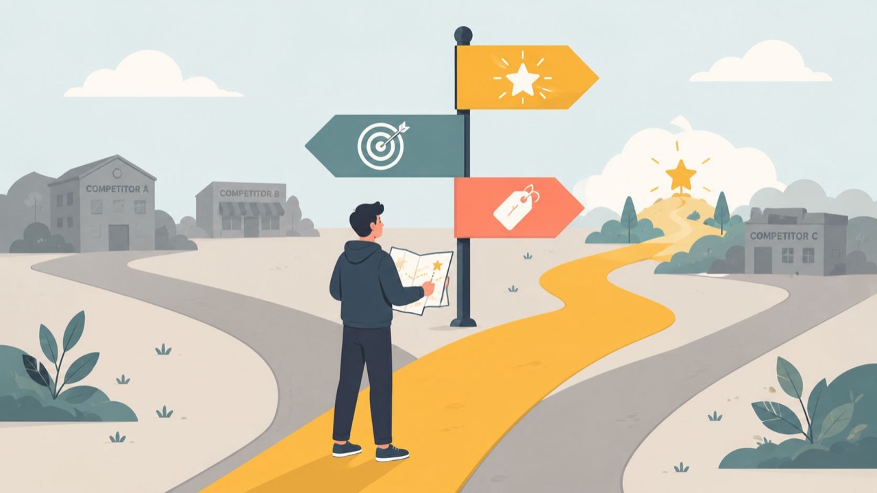 A person at a crossroads choosing a direction, illustrating brand positioning.