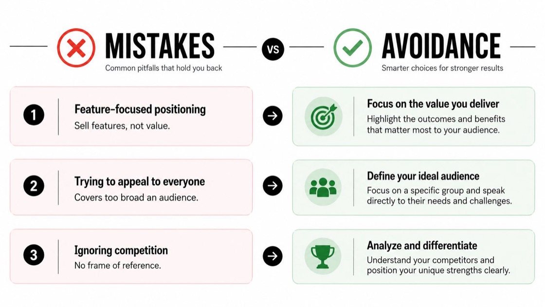 A comparison chart showing common marketing mistakes versus smarter avoidance strategies for better business results.