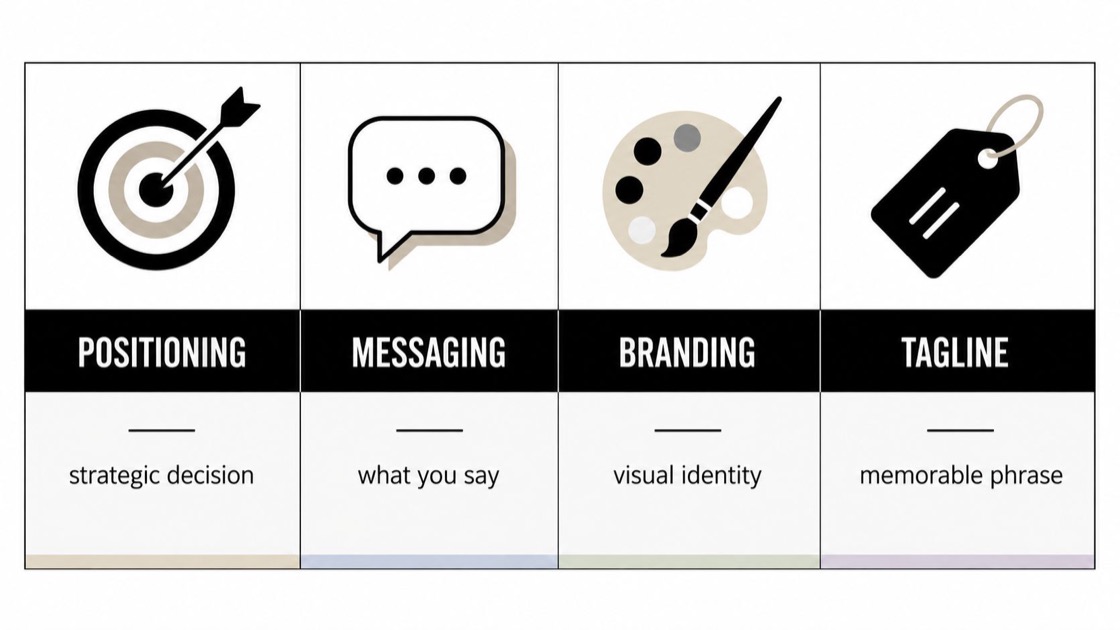 A diagram comparing marketing concepts including positioning, messaging, branding, and taglines with representative icons for each.