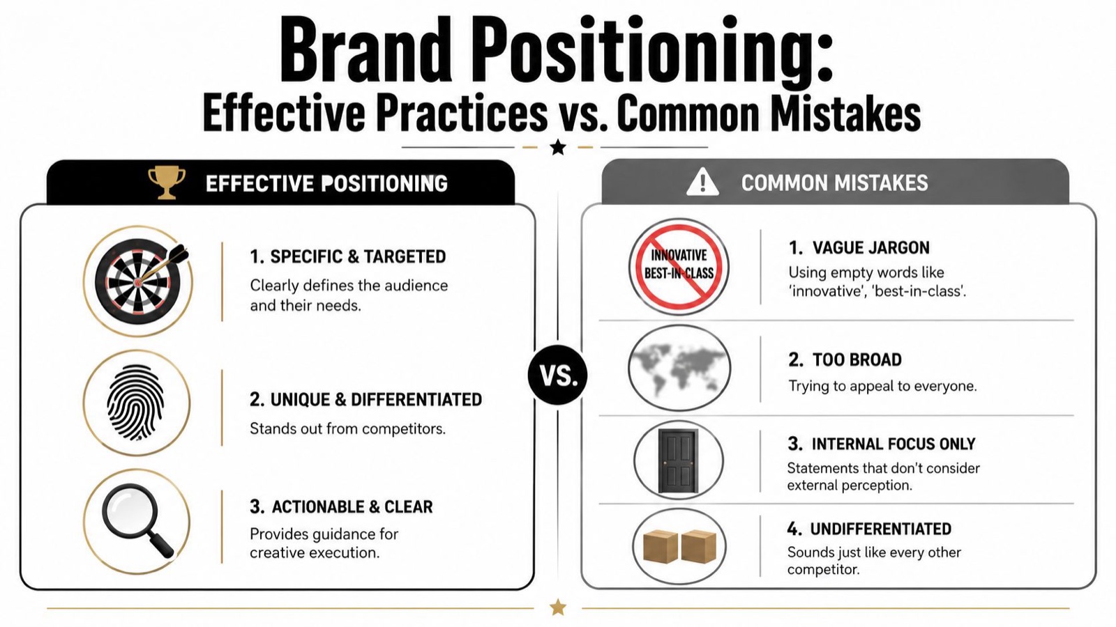 An infographic comparing effective brand positioning practices against common mistakes made by businesses.