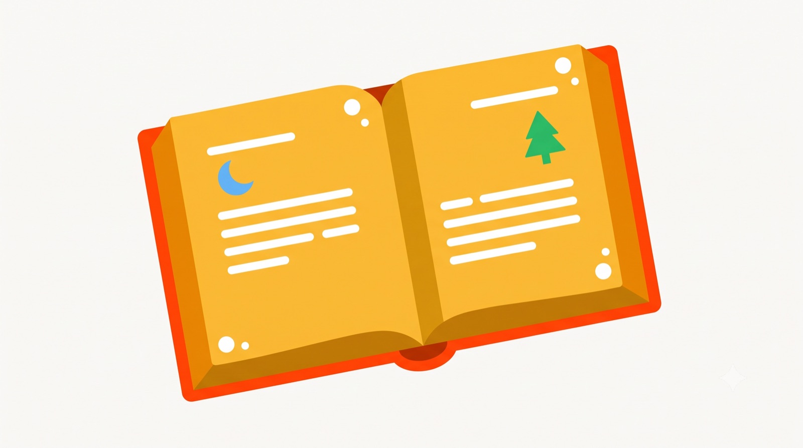 Flat illustration of an open storybook on a cream background