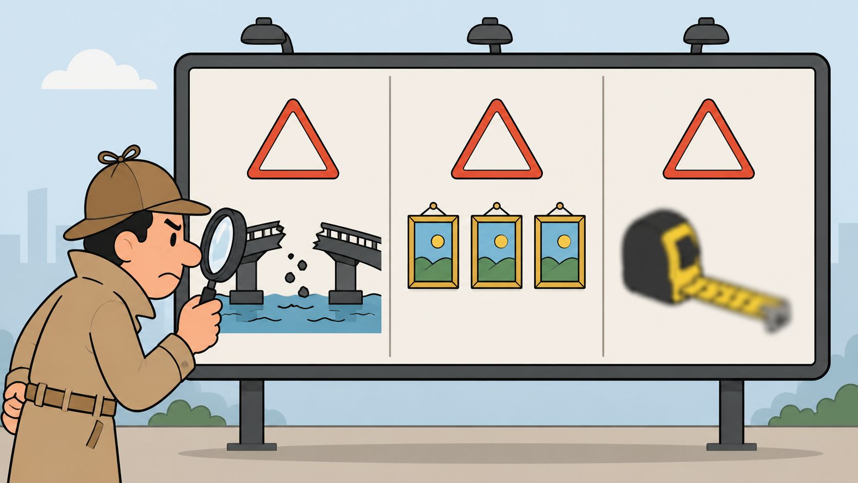 A detective looking through a magnifying glass at a billboard displaying bridge, picture, and tape-measure icons.
