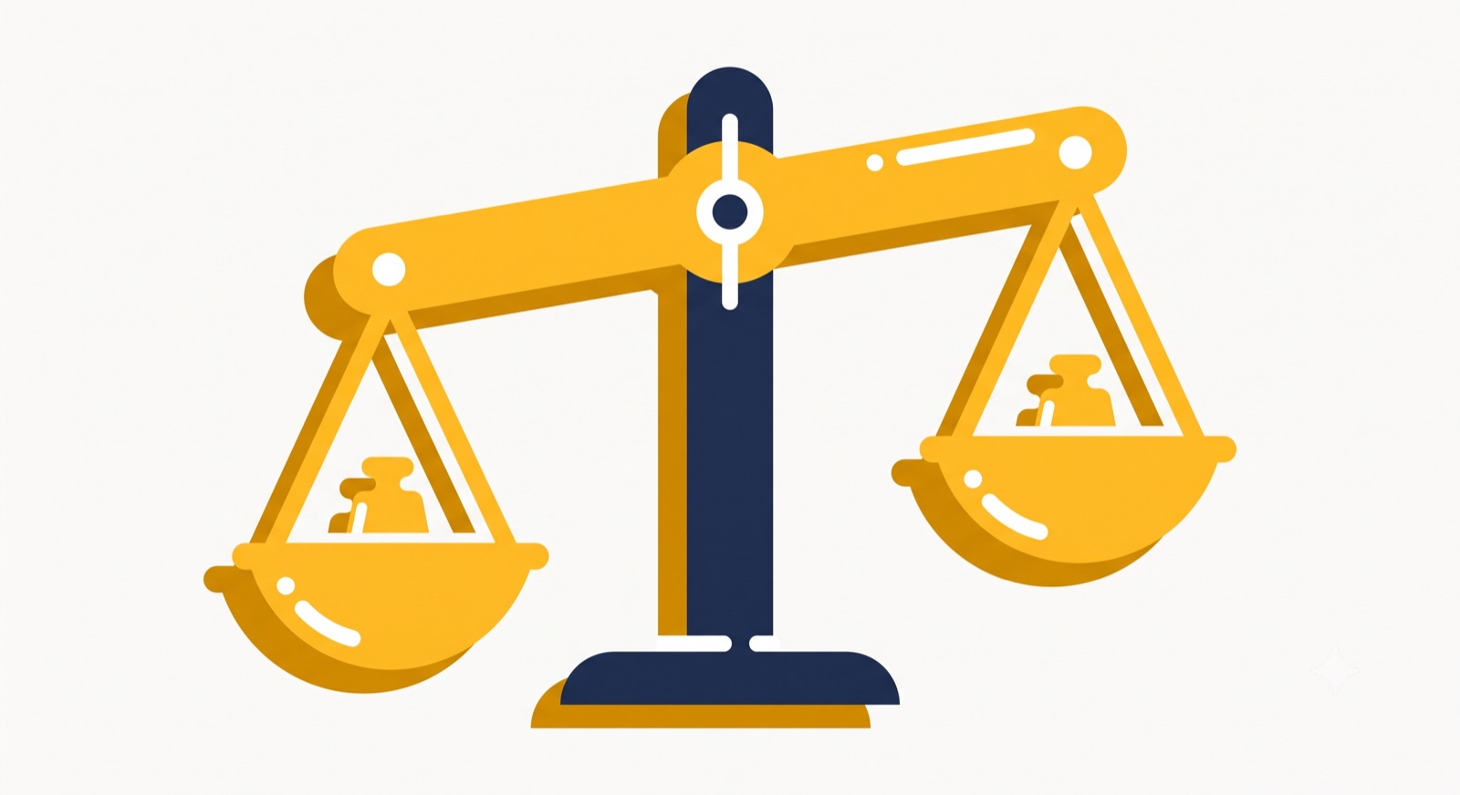 Flat illustration of a gold two-pan balance scale with a navy post on a cream background