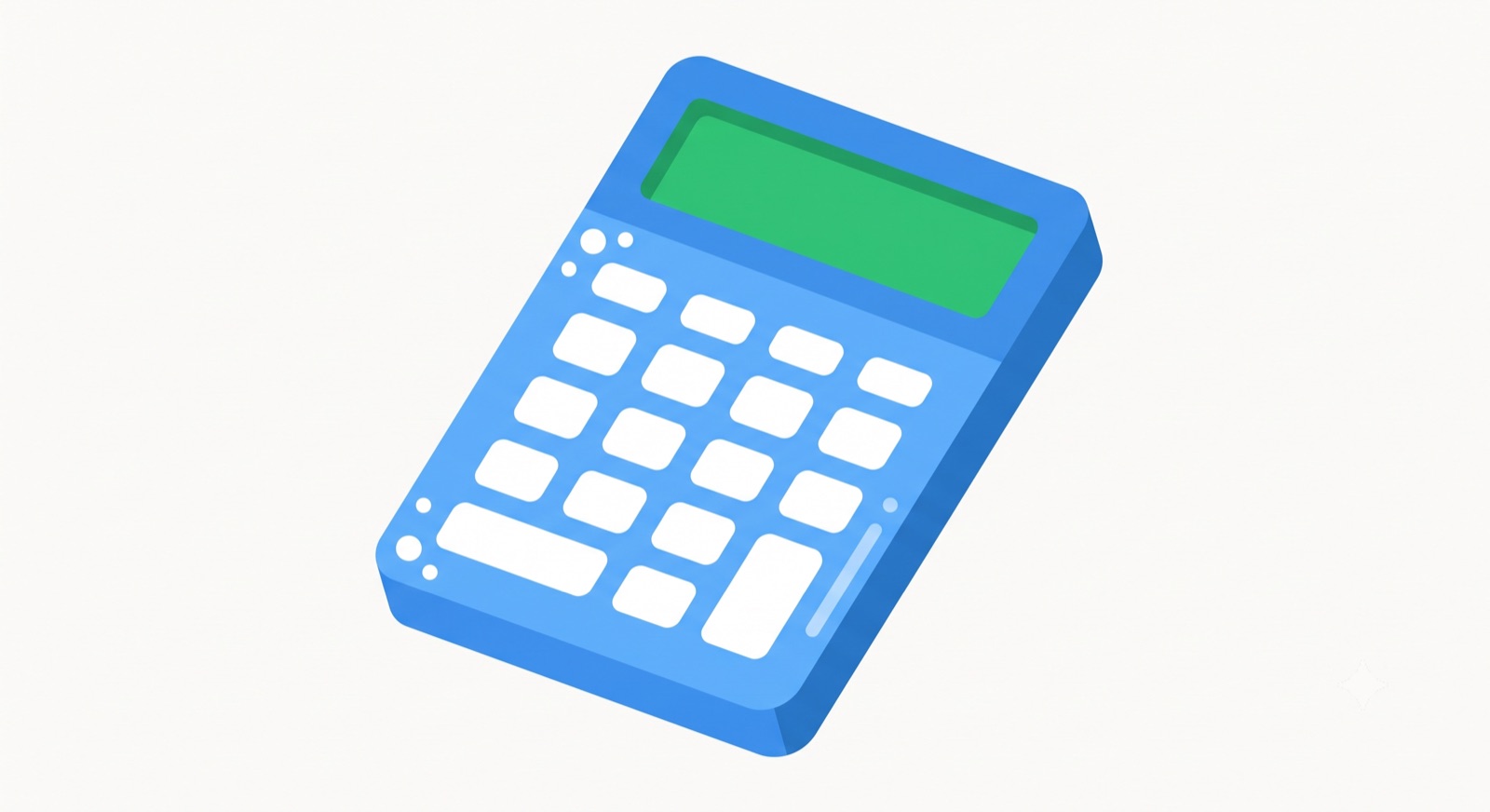 Flat illustration of a blue pocket calculator with a green display on a cream background