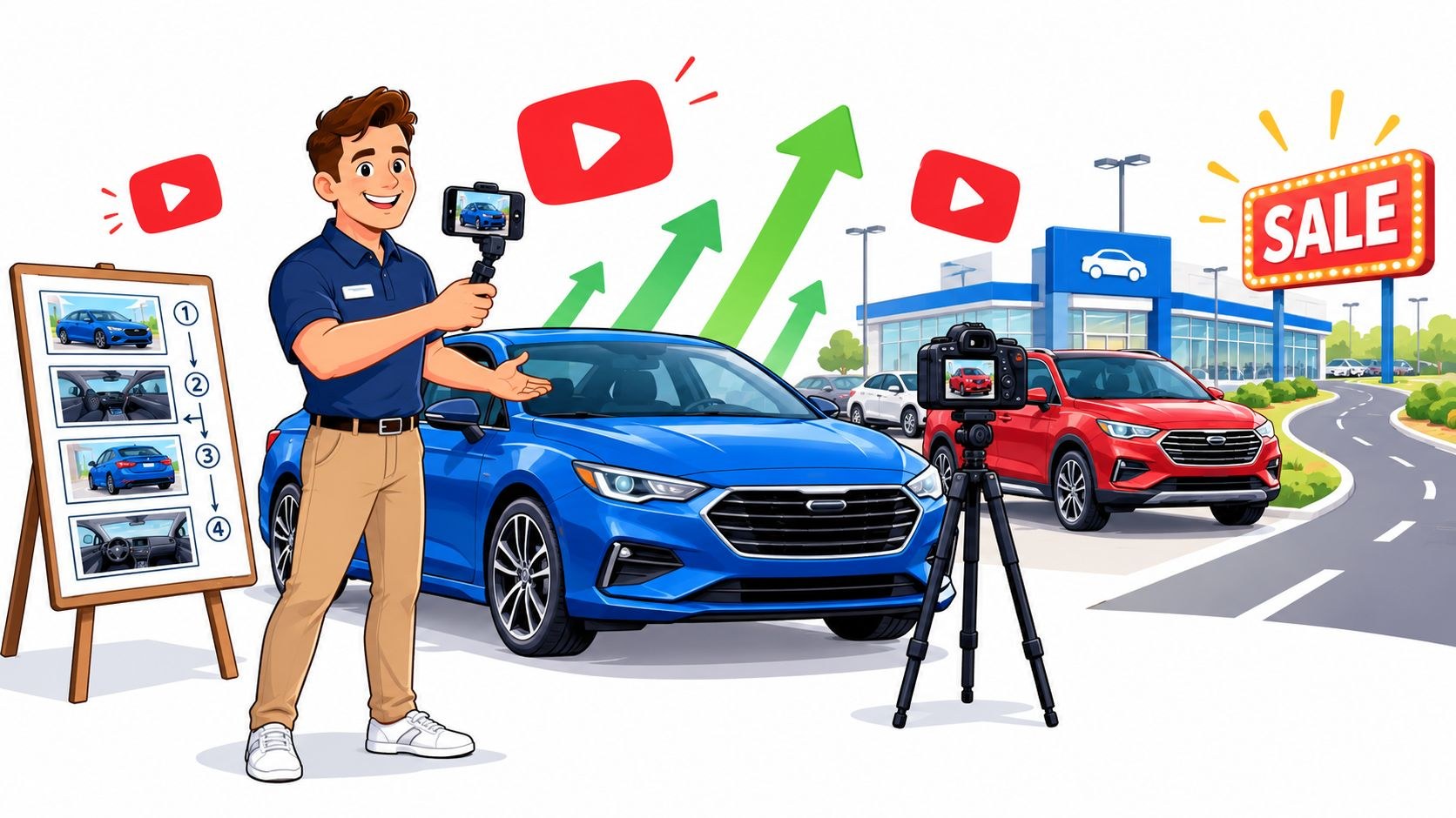 Illustration of a dealership salesperson filming a blue sedan on a phone gimbal, with a camera on a tripod, a shot-list board and a showroom behind him