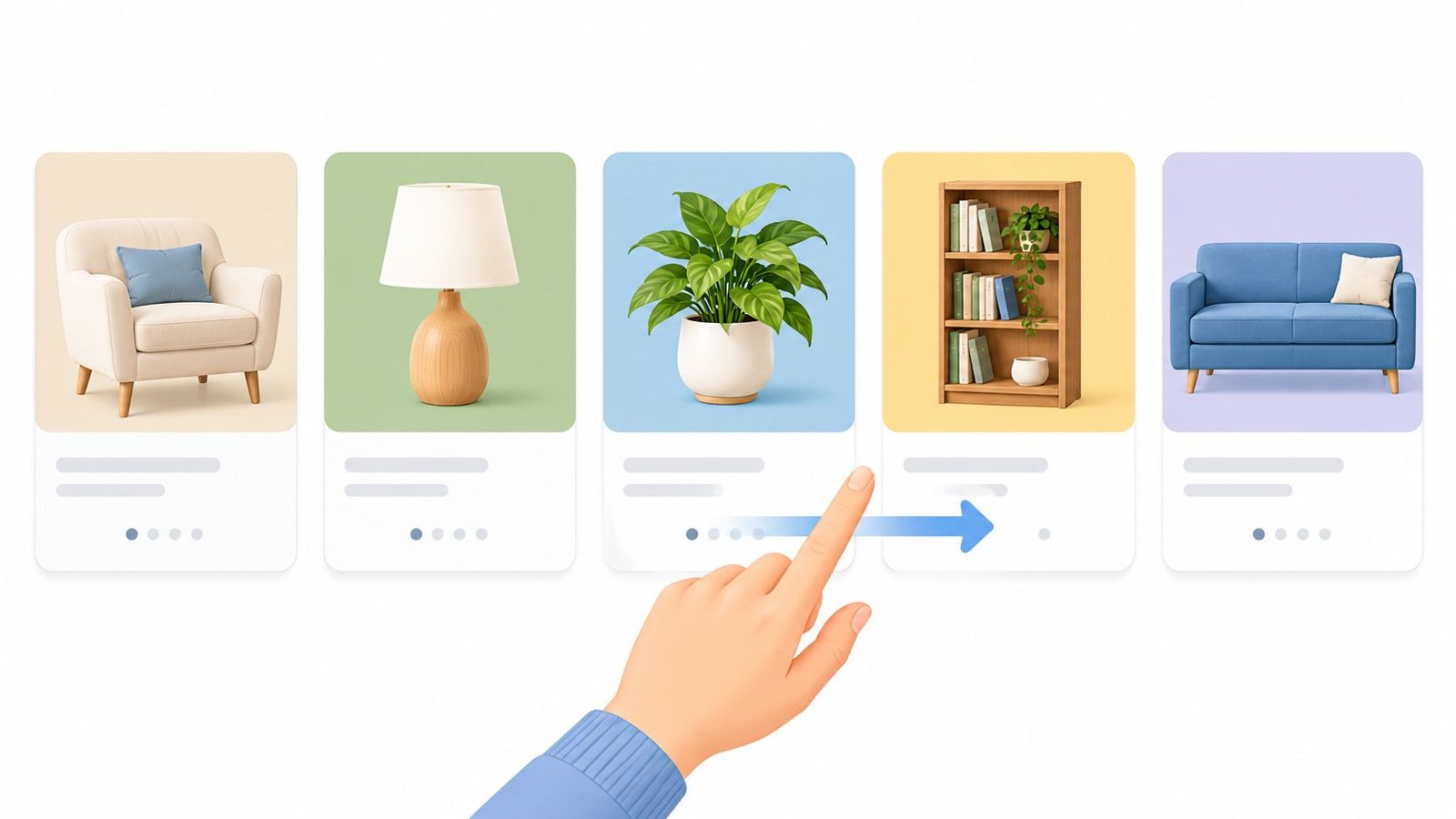 Flat illustration of a hand swiping across a row of product cards showing an armchair, a lamp, a plant, a bookshelf and a sofa