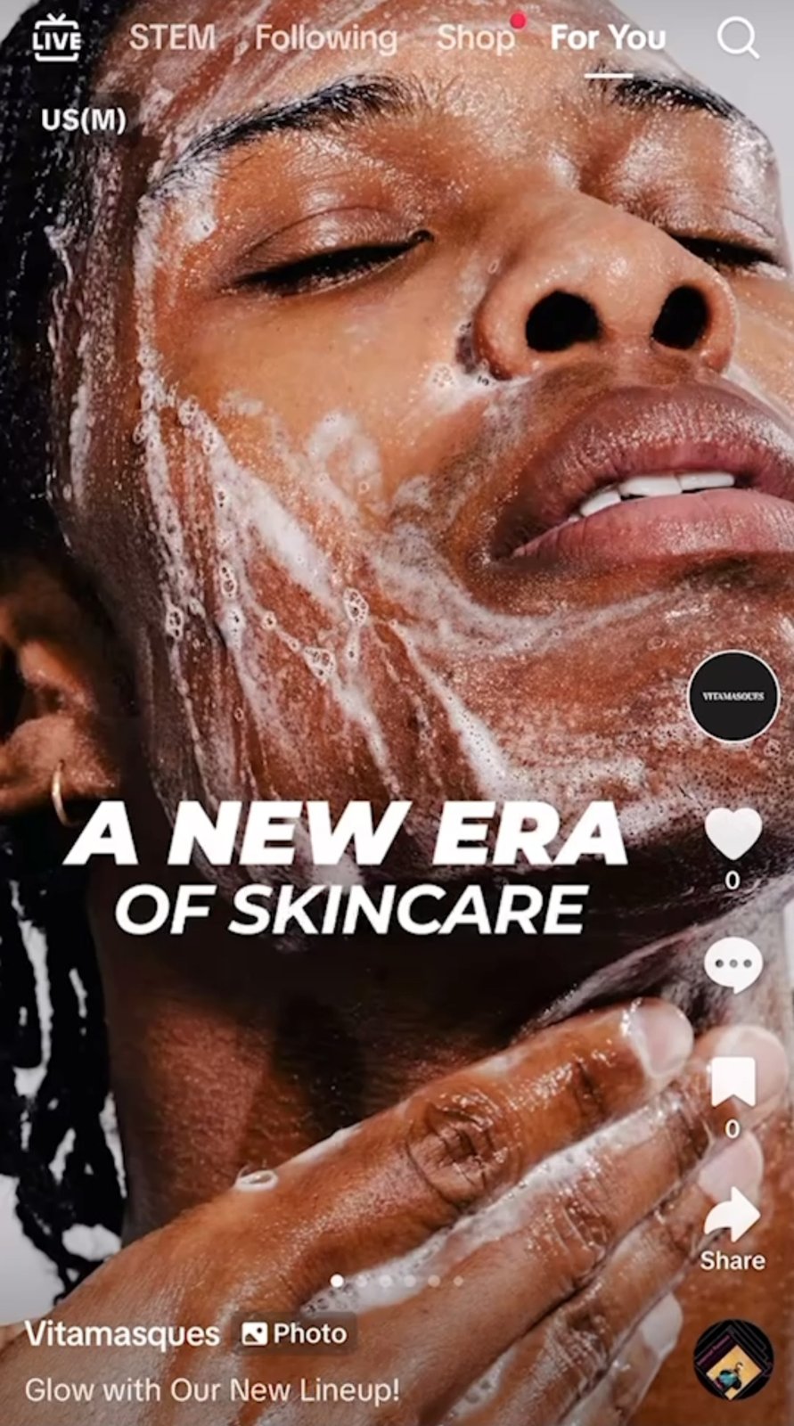 Vitamasques TikTok carousel ad, first card showing a close-up of a face with cleanser foam and the words A new era of skincare