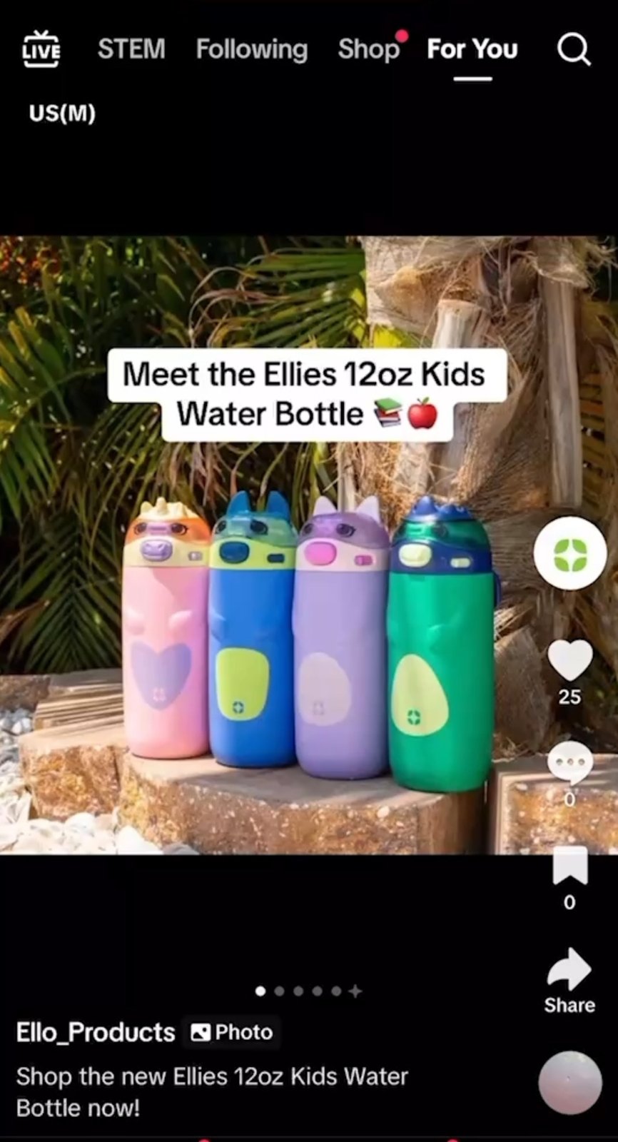 Ello TikTok carousel ad showing four colorful kids water bottles with animal faces and the caption Meet the Ellies 12oz Kids Water Bottle