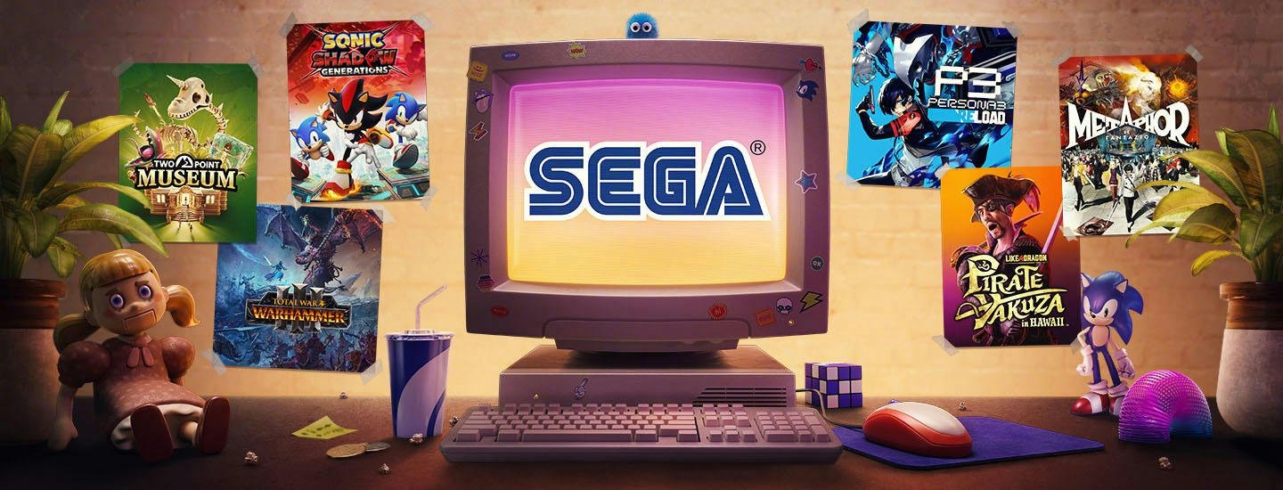 SEGA logo on a retro computer monitor surrounded by game cover art including Sonic and Persona