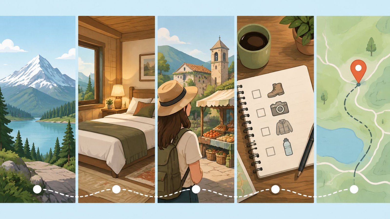 Five-panel flat illustration of a trip told across cards: mountains, a hotel room, a village market, a packing list and a map pin