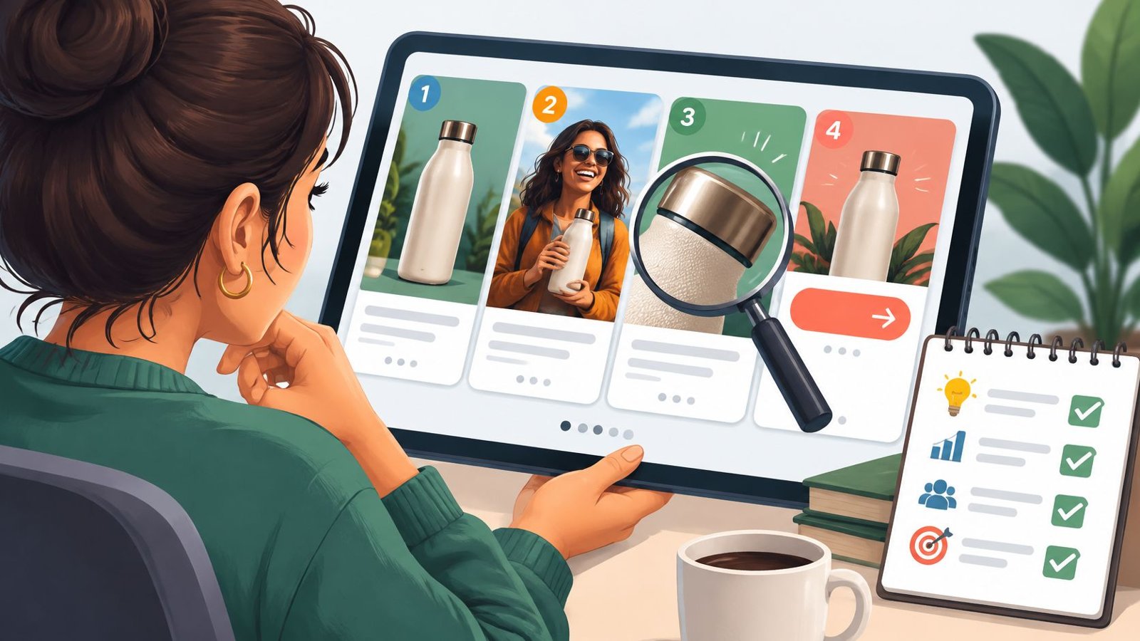 Flat illustration of a person studying a numbered carousel ad on a tablet, with a magnifying glass over one card and a checklist beside it
