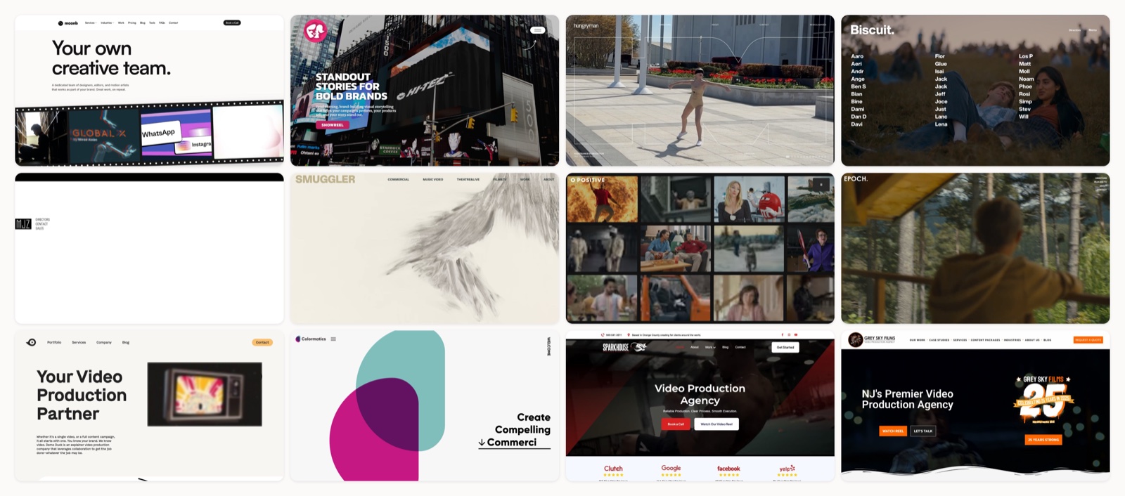 A collage of homepages from leading commercial production companies