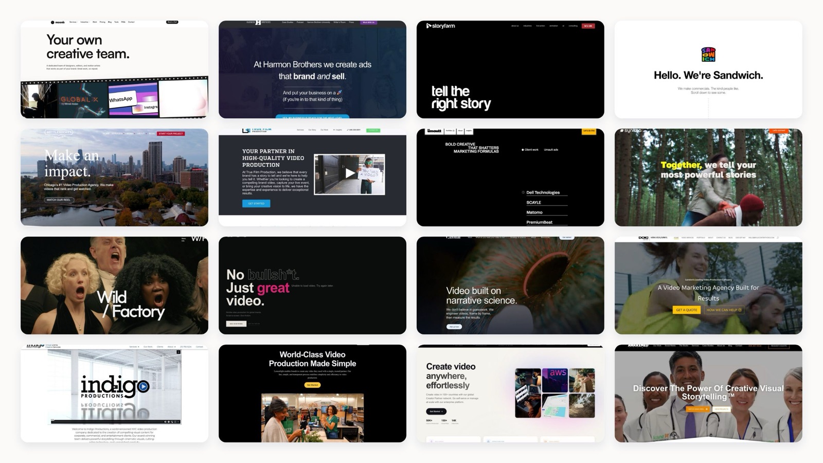 Collage of leading commercial video production company homepages