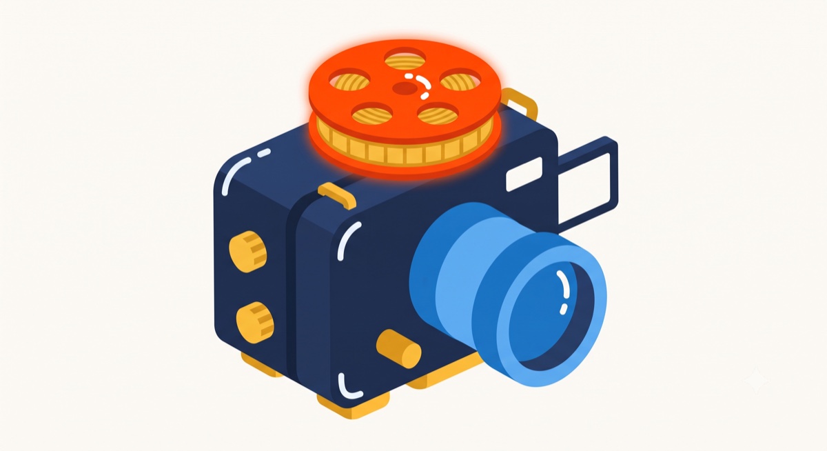 Flat-icon illustration of a cinema camera on a tripod beside a clapperboard and a stack of coins, in the Moonb saturated flat style on a cream background.
