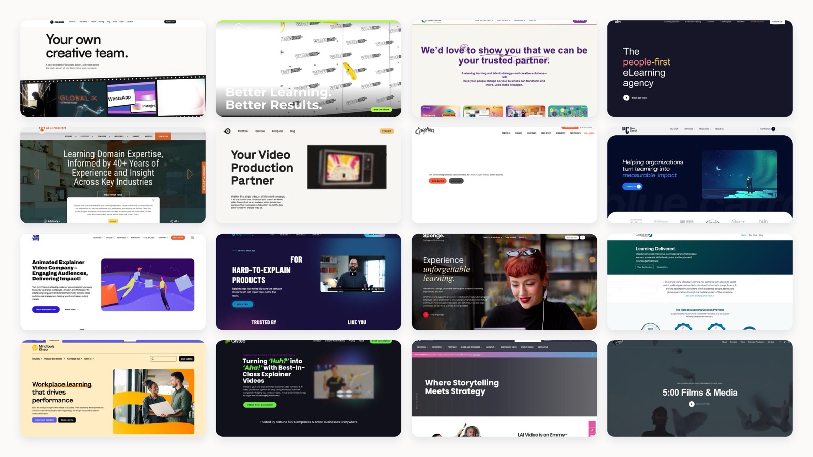 Collage of leading educational video production company homepages