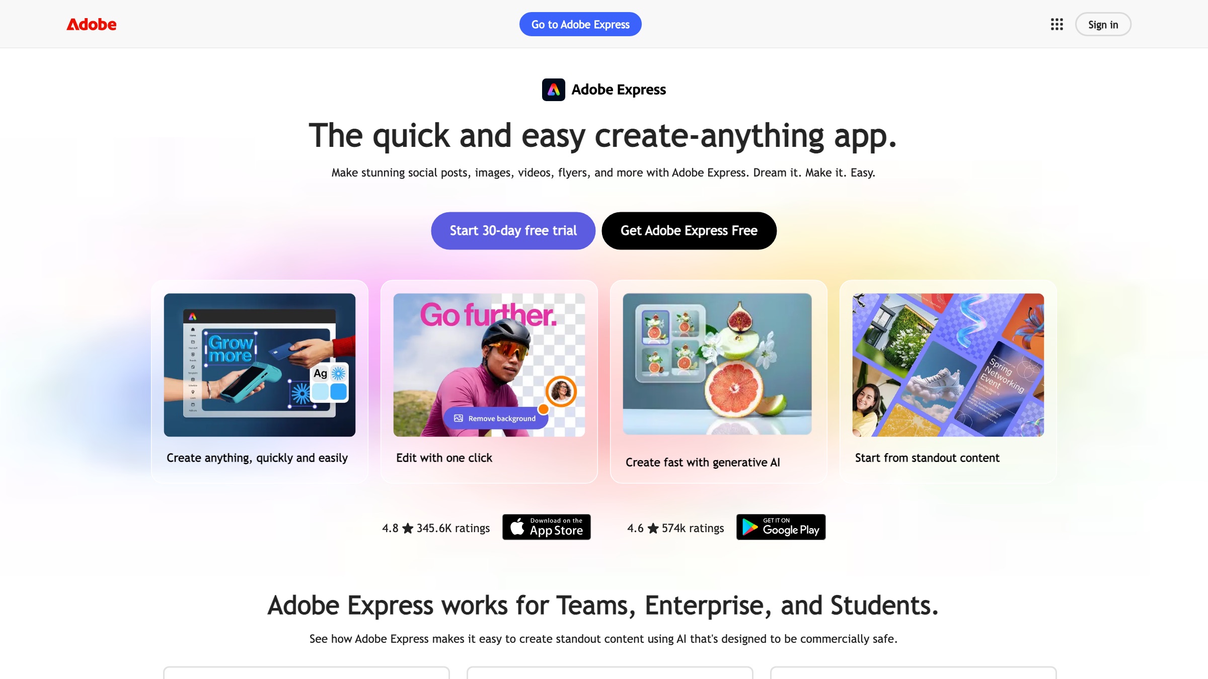 Adobe Express homepage screenshot