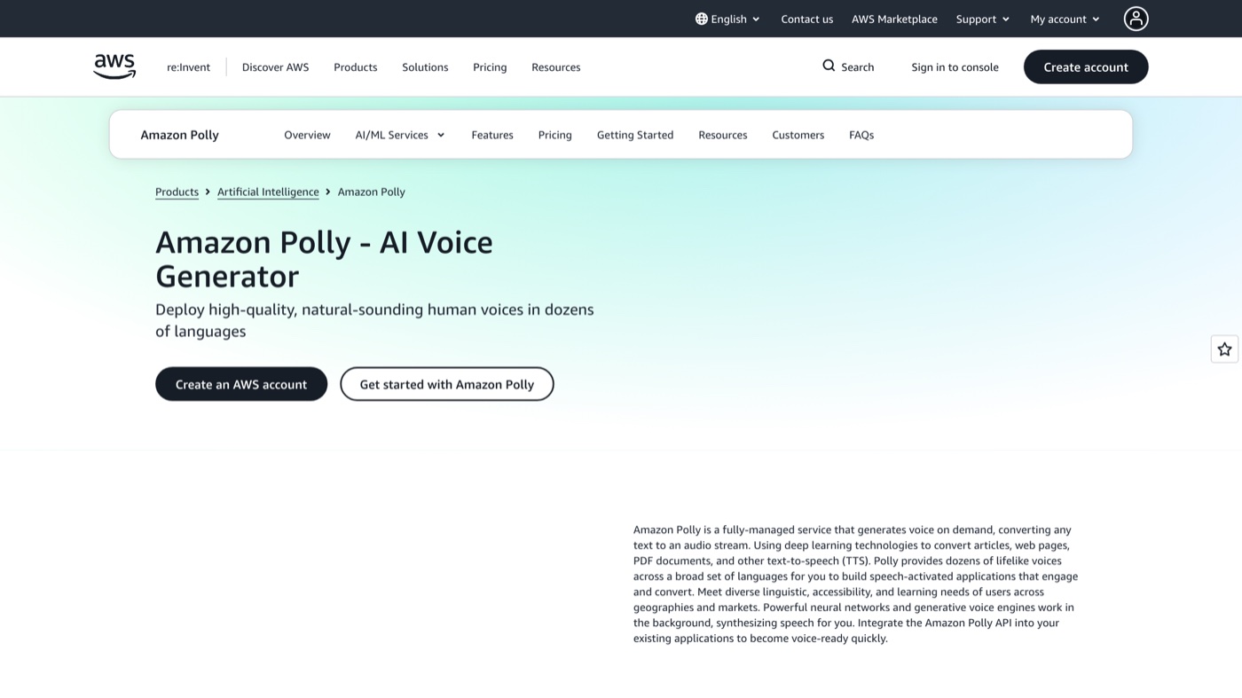 Amazon Polly homepage