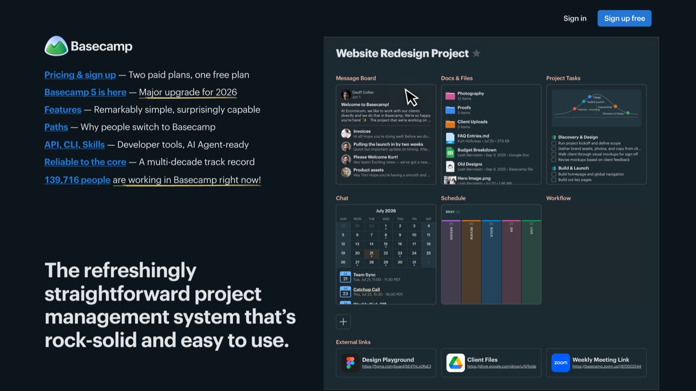 Basecamp homepage