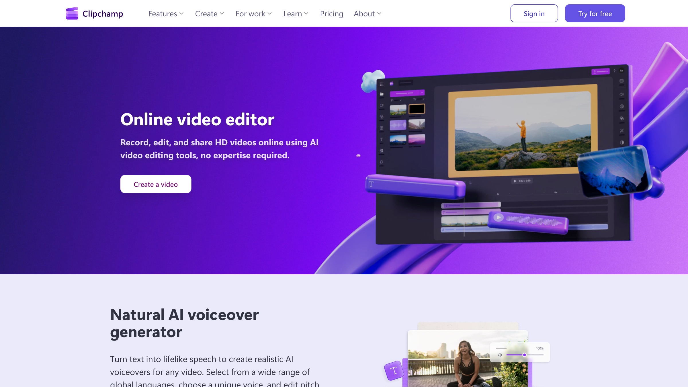 Clipchamp homepage screenshot