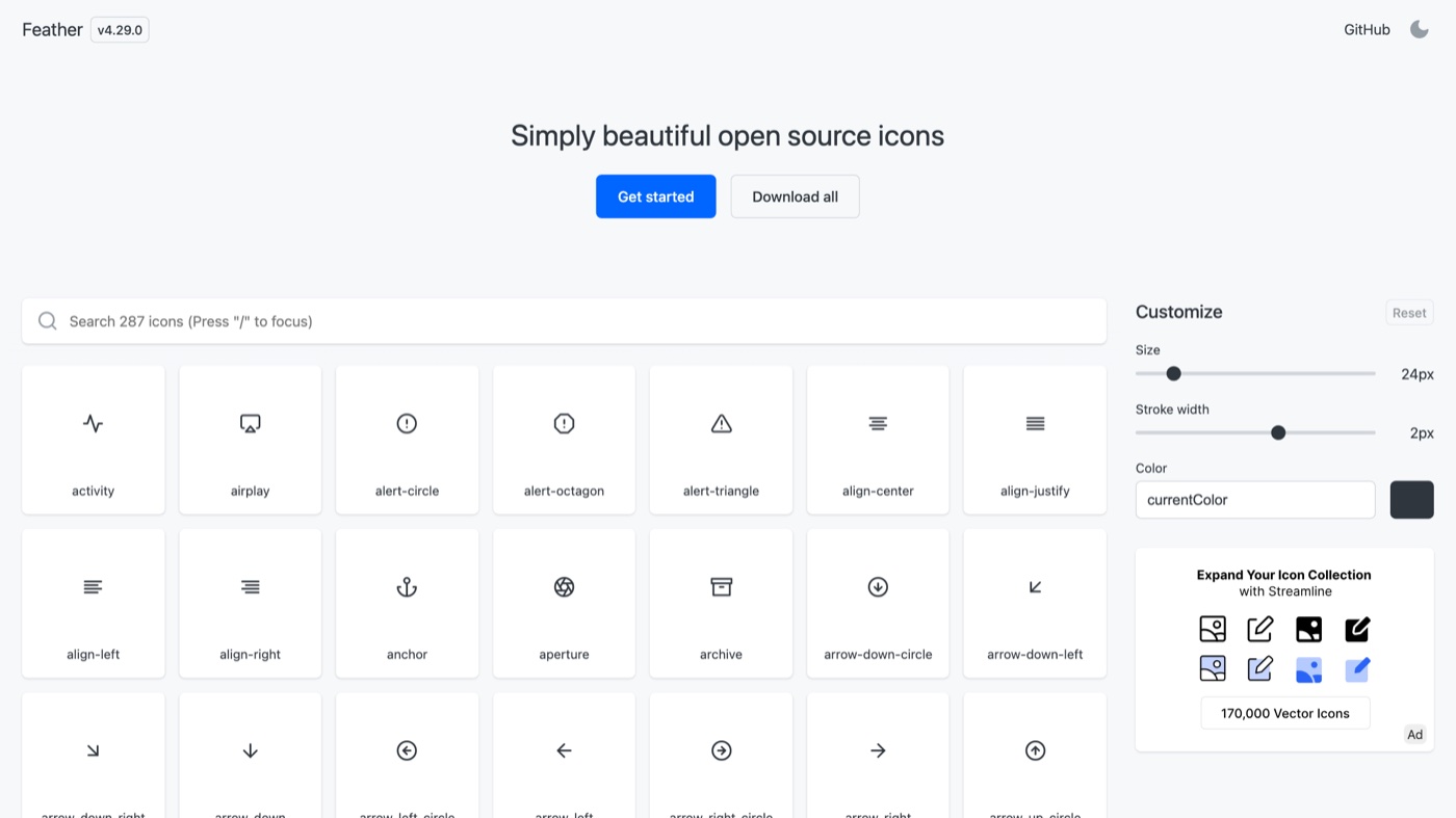 Feather Icons homepage