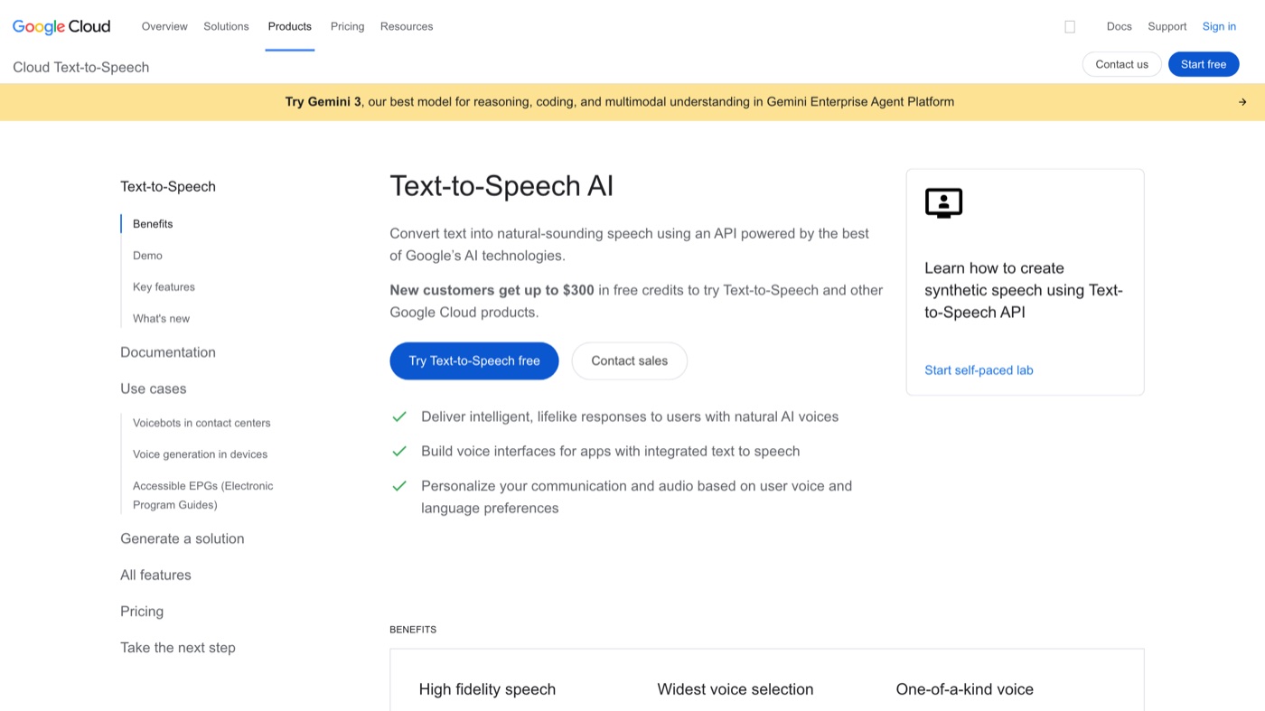 Google Cloud Text-to-Speech homepage