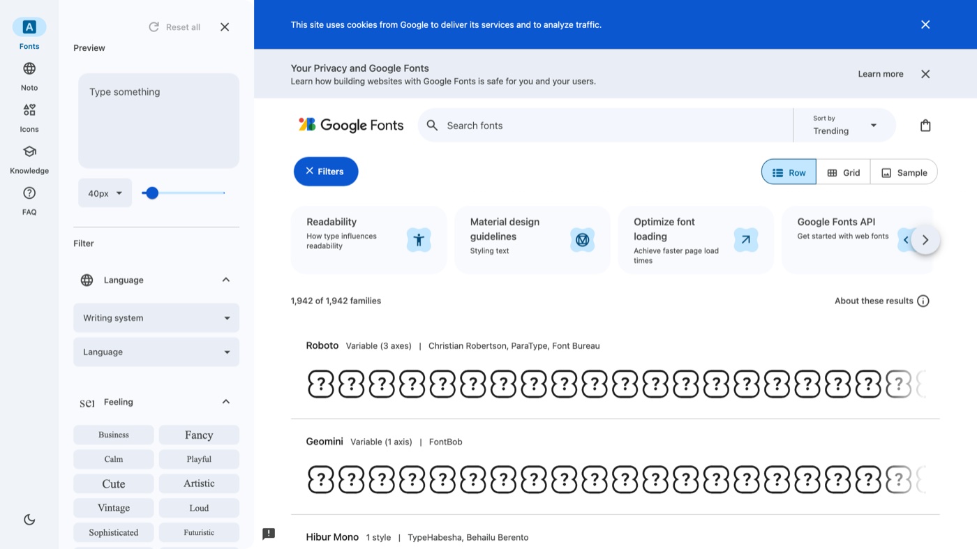 Google Fonts homepage