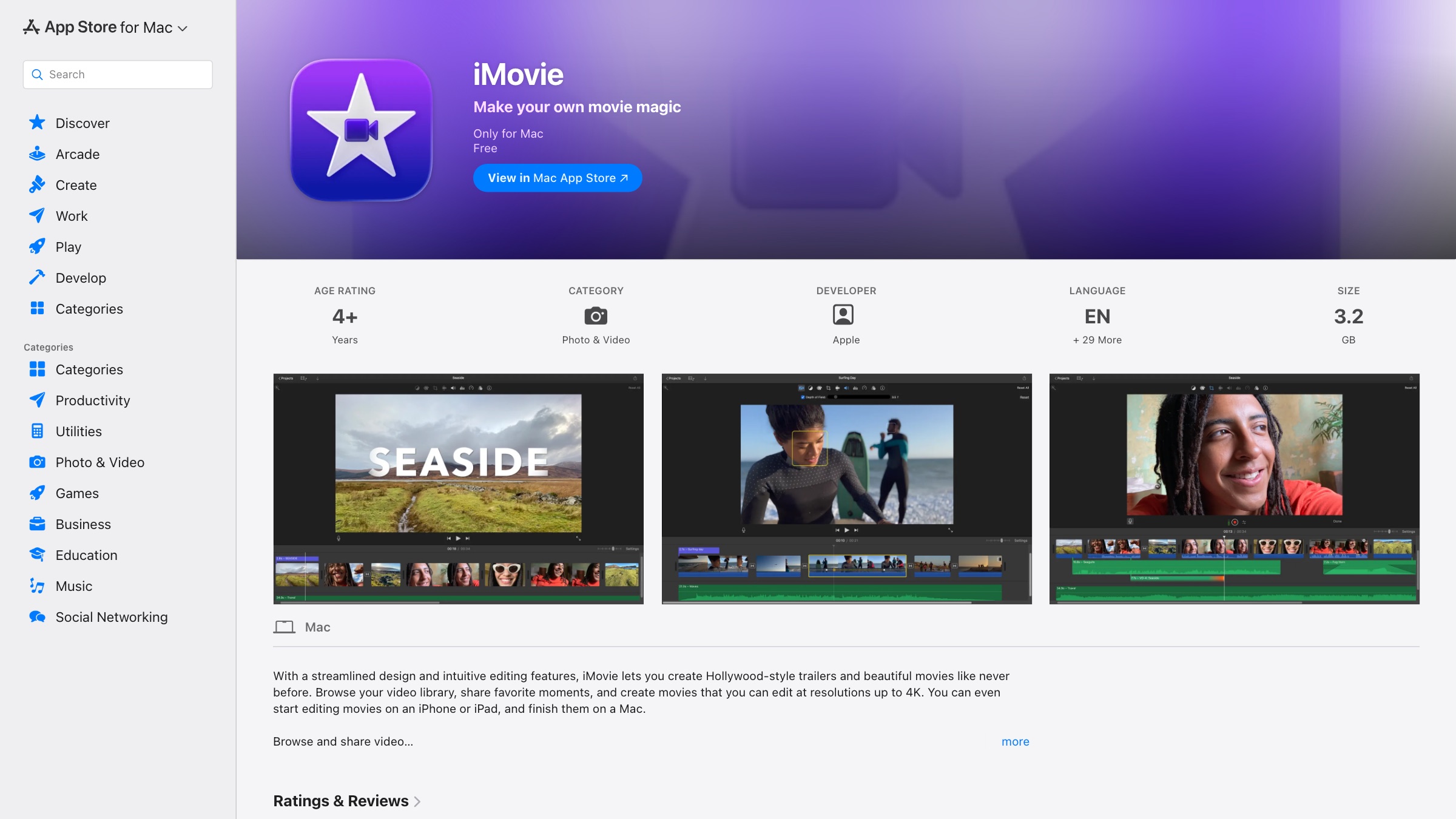 iMovie homepage screenshot