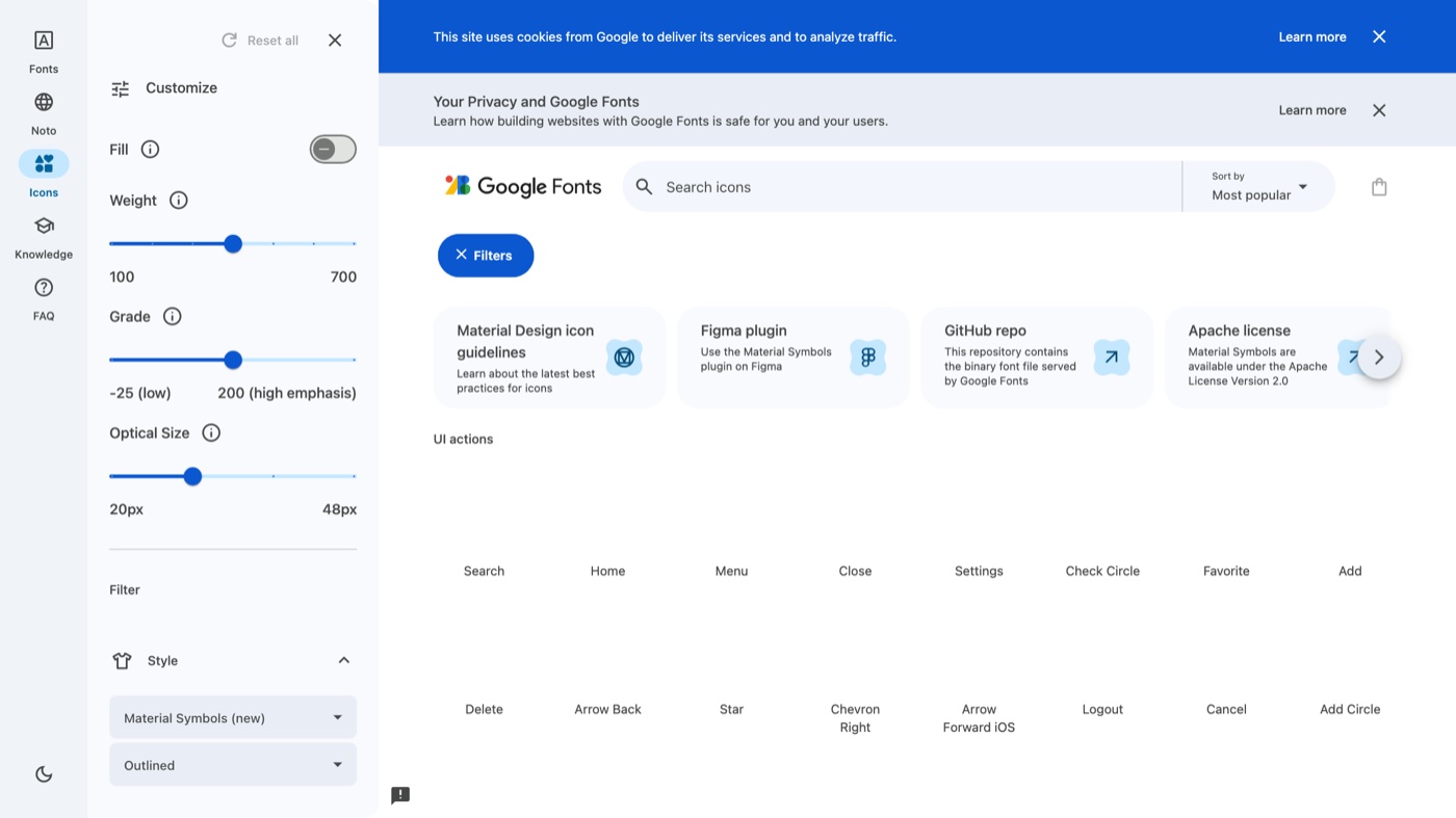 Google Material Symbols homepage