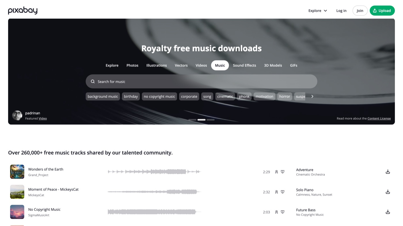 Pixabay Music homepage