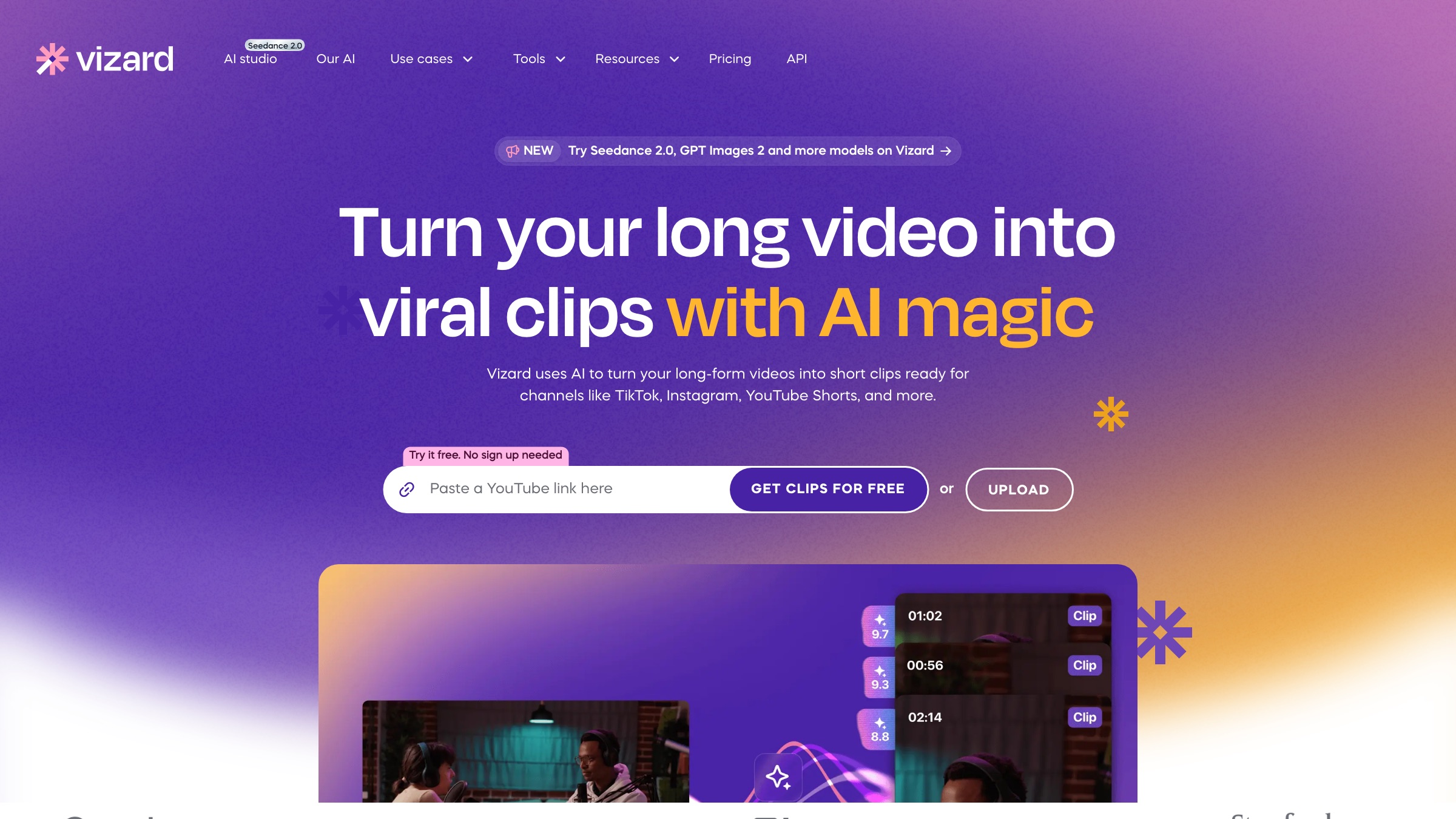Vizard homepage screenshot