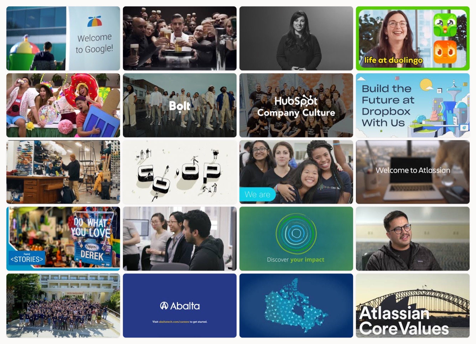 A grid of company culture video thumbnails from brands like Google, Duolingo, HubSpot, Dropbox and Atlassian.