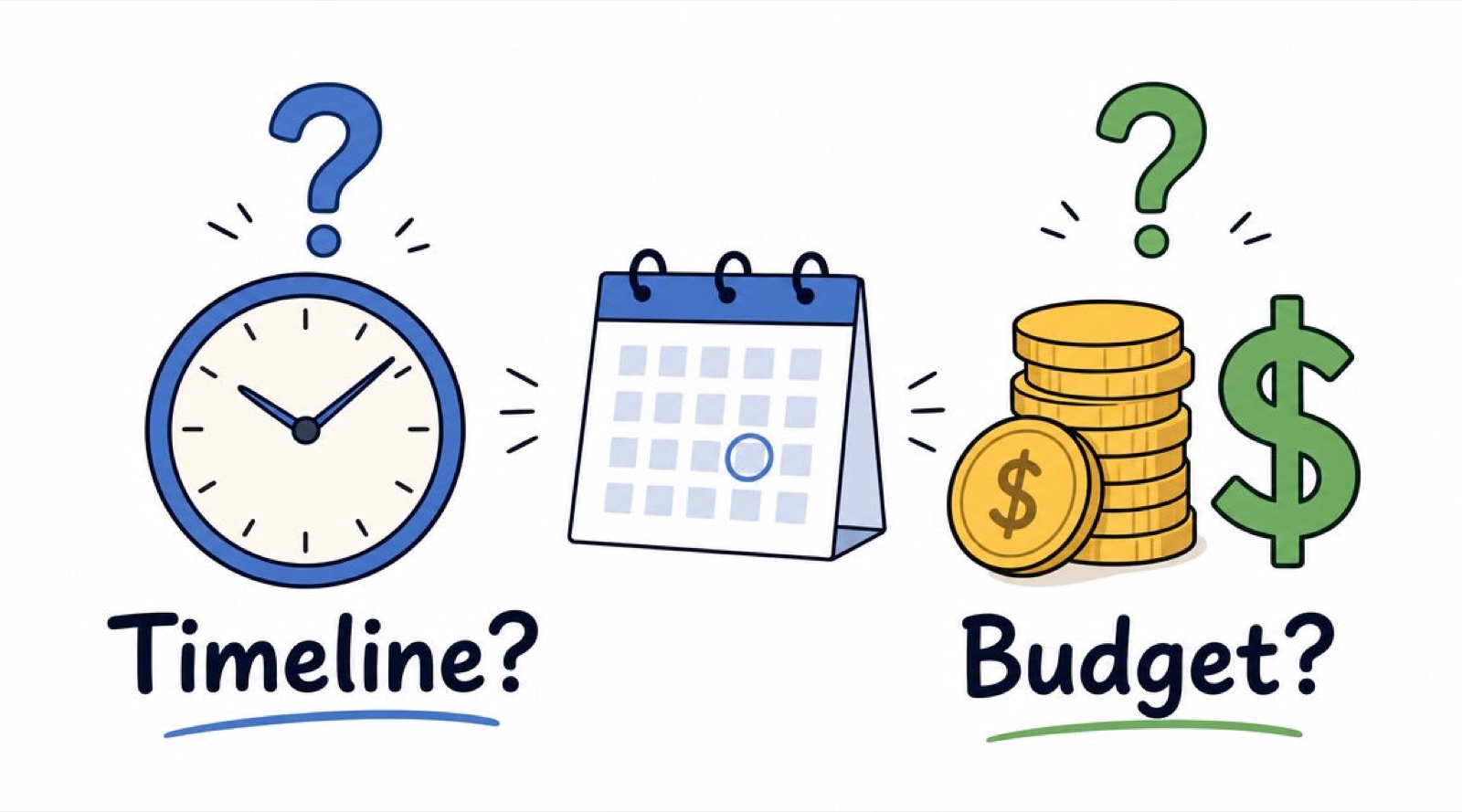 An illustration of a clock, a calendar, and a stack of coins representing project timelines and costs.