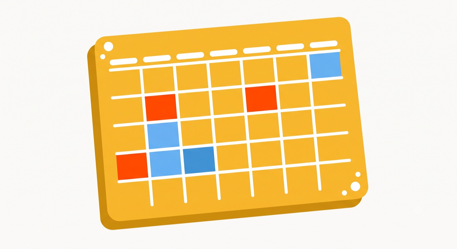 Flat illustration of a monthly planner calendar board with a few filled day cells on a cream background