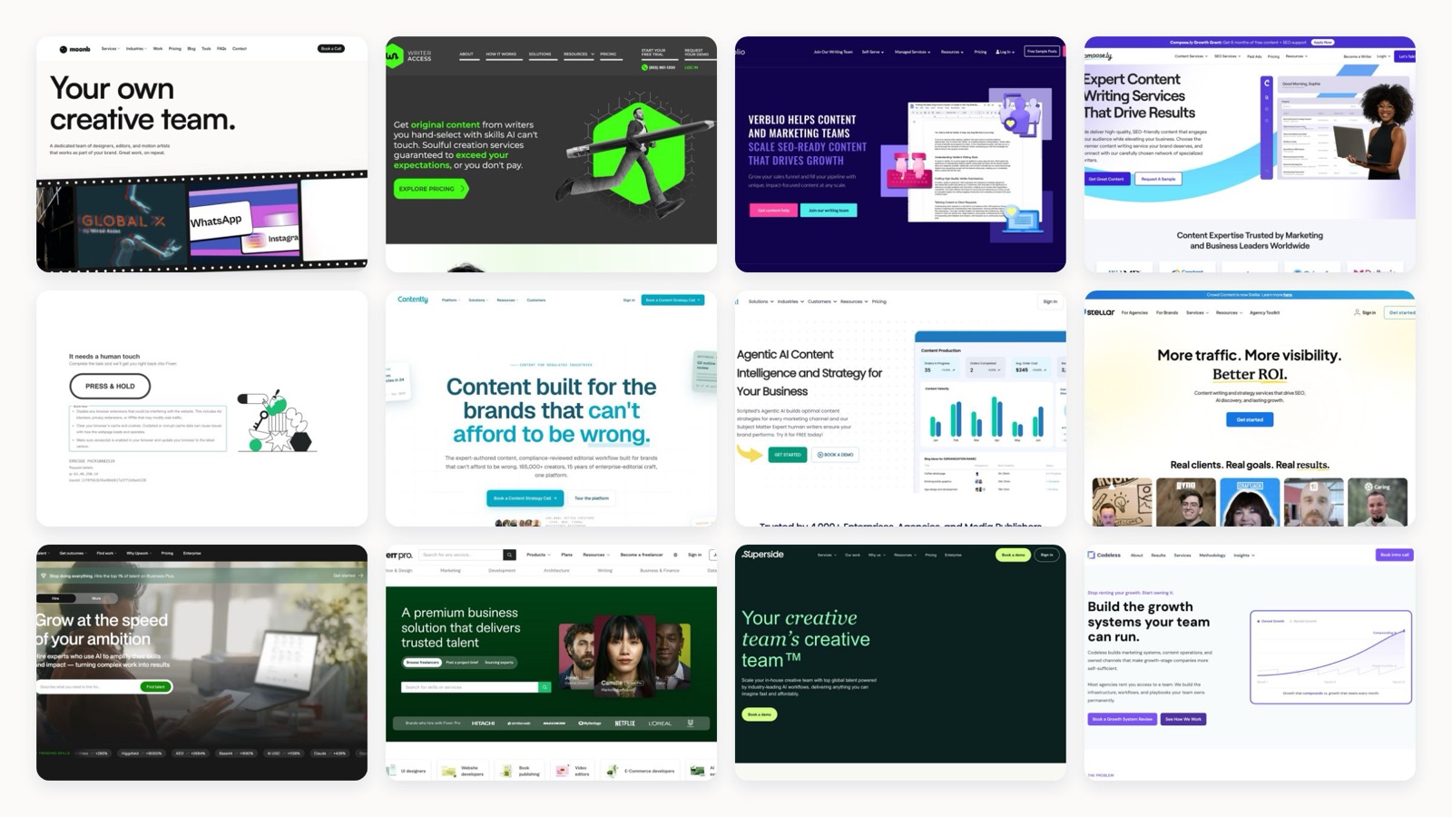 A collage of 12 Contentoo alternative homepages including Moonb, WriterAccess, Verblio and Superside
