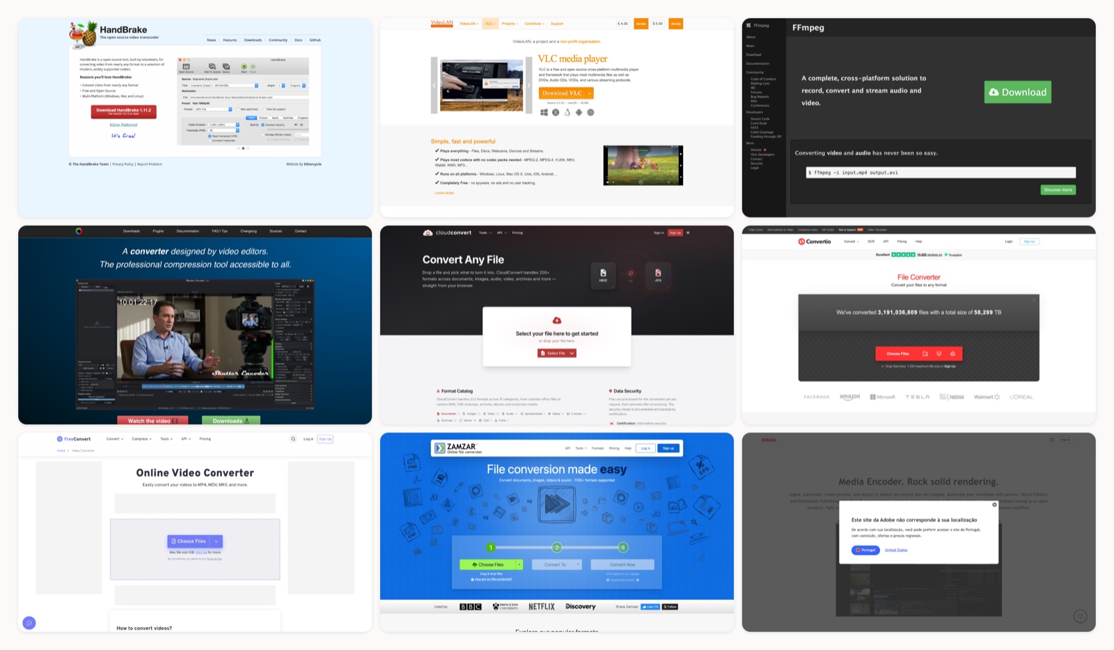 A grid of convert video formats homepages