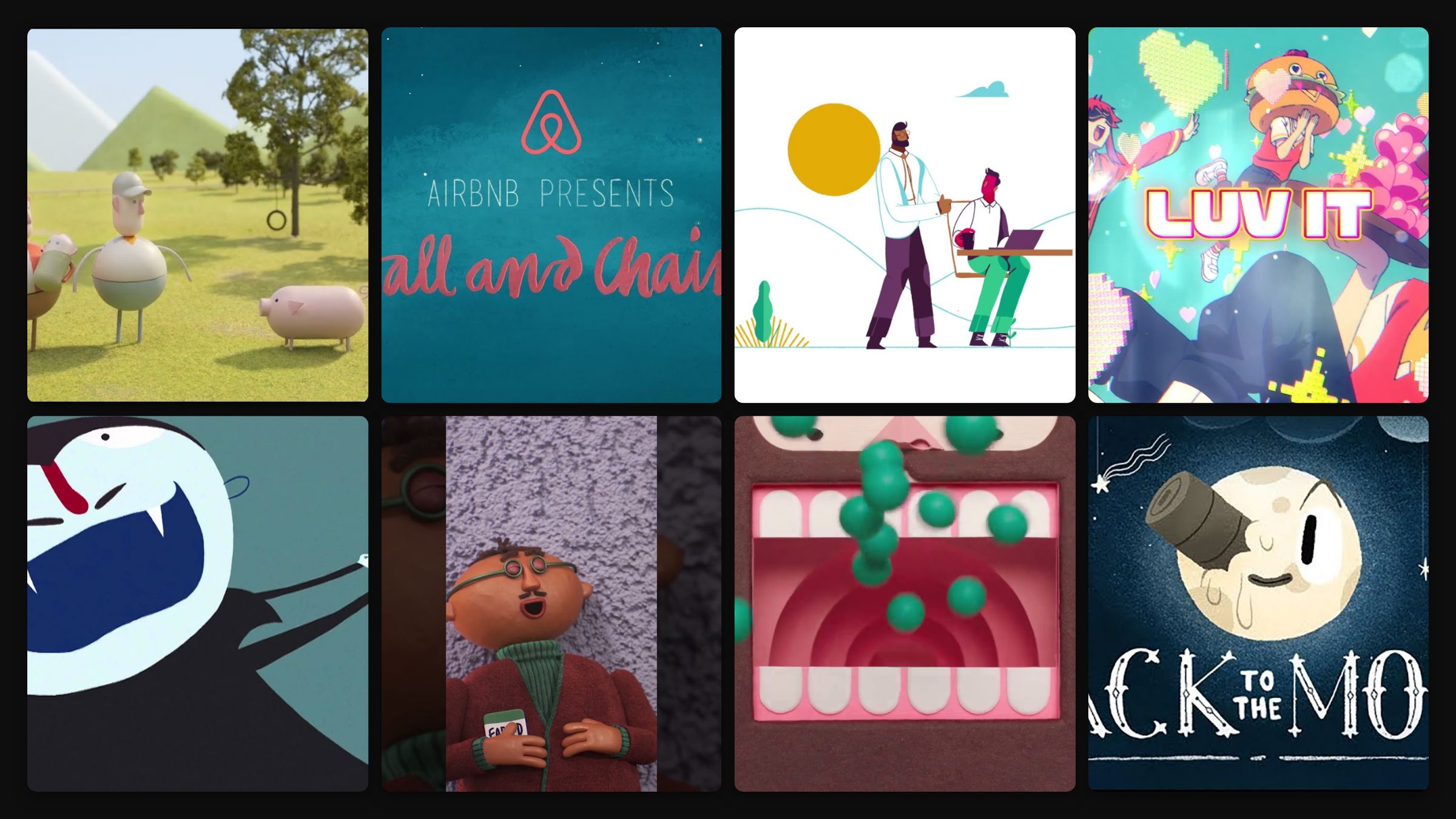 Grid of corporate animation brand film stills