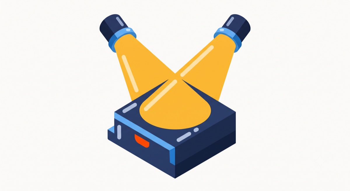 Flat-icon illustration of a video camera on a tripod filming a stage podium, with a play button and a small filmstrip beside it, in warm saturated brand colors