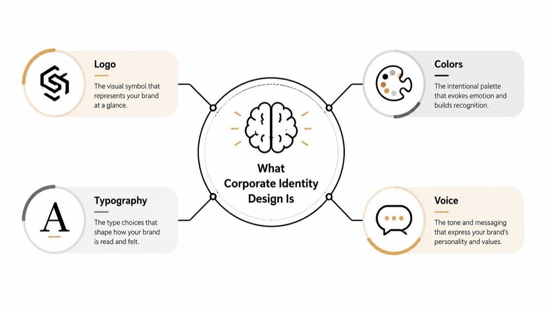 A diagram illustrating the four key components of corporate identity design: logo, colors, typography, and voice.