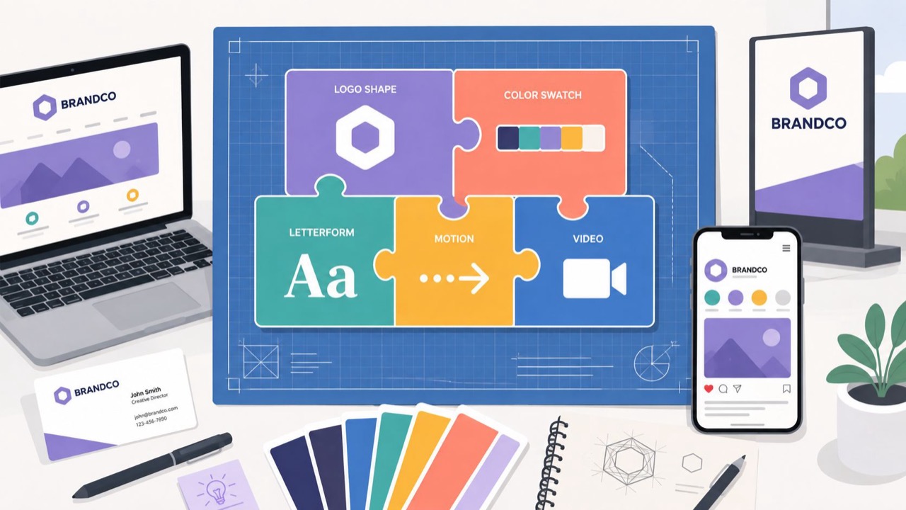 A corporate identity toolkit with logo, colour, typography and layout components.